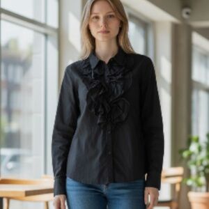 Lauren Ralph Lauren Black Ruffle Button Down Dress Shirt